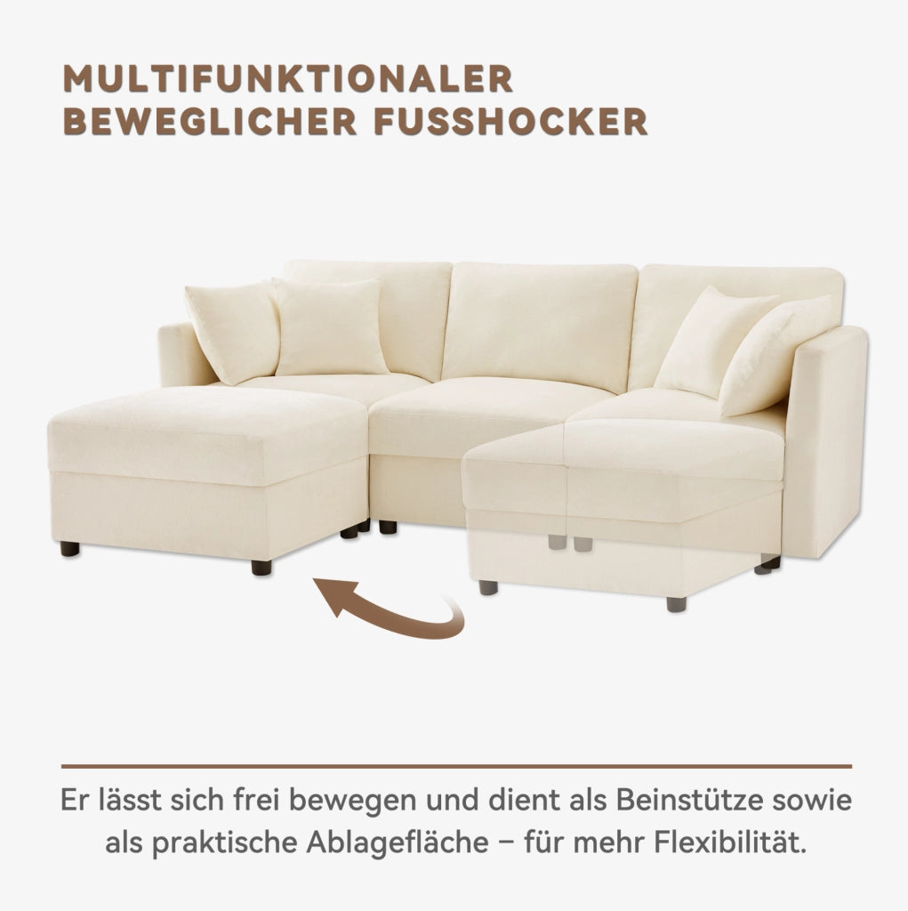 Divano 3 posti in ciniglia beige con pouf e braccioli regolabili