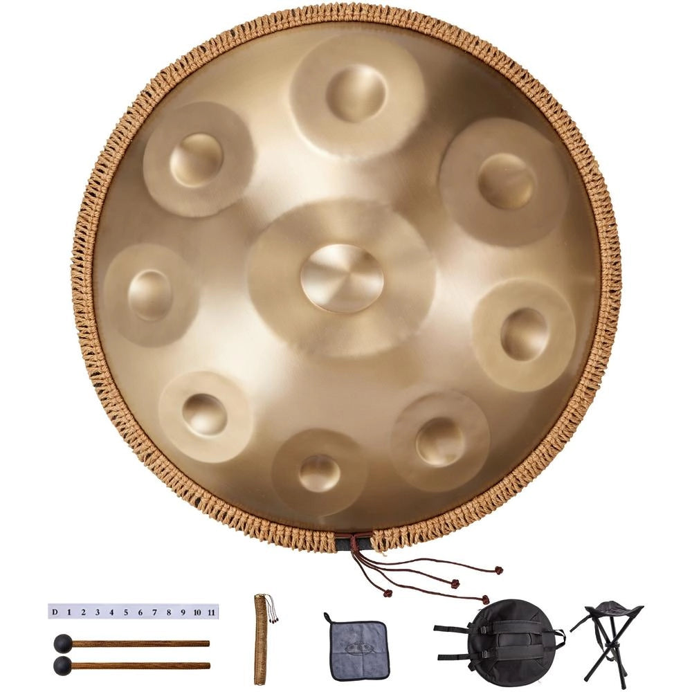 Tamburo Handpan 550 mm a Mano 9 Note in Re Minore 440 Hz Dorato con Supporto e Borsa, Robusto e Facile da Usare per Casa