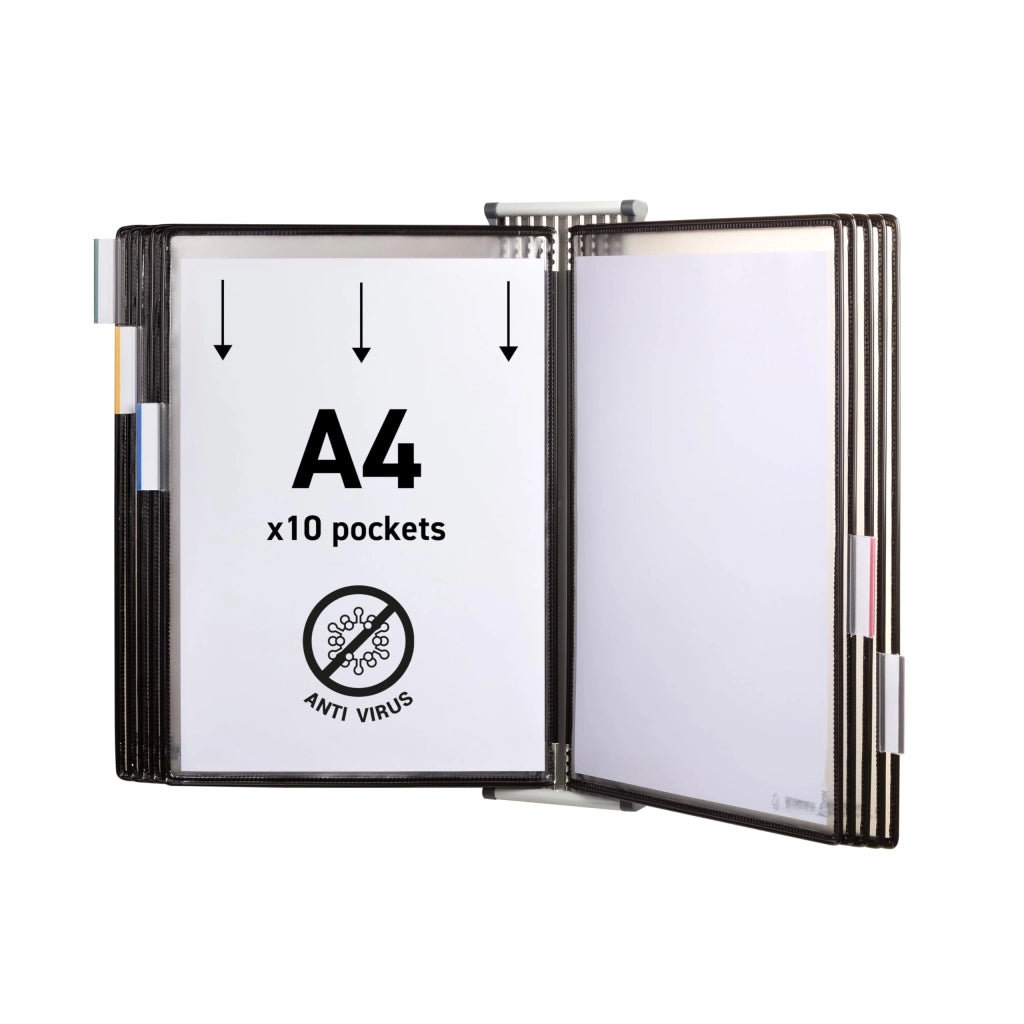 Elemento a parete con 10 pannelli trasparenti antibatterici A4, nero, espandibile