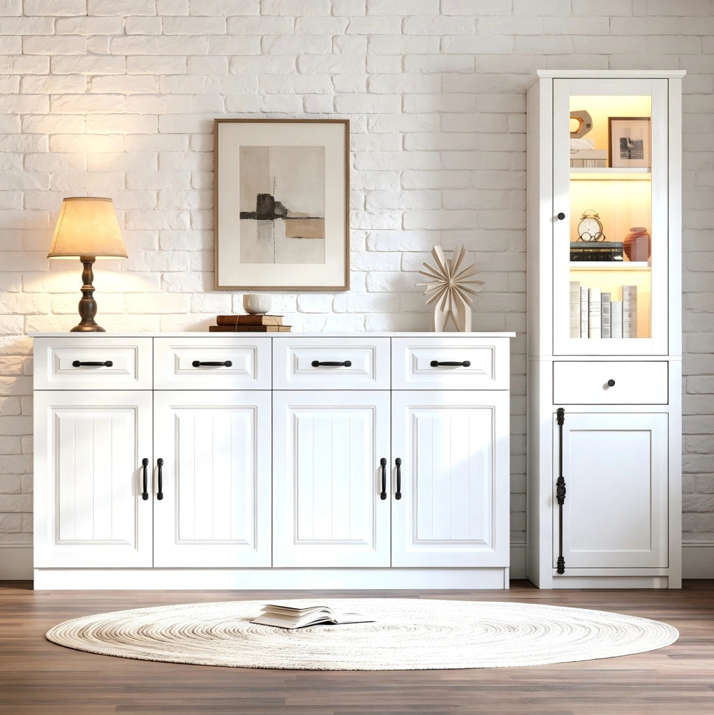Set credenza e vetrina 160x35x80 e 55x40x200 cm in MDF e vetro; bianco con LED