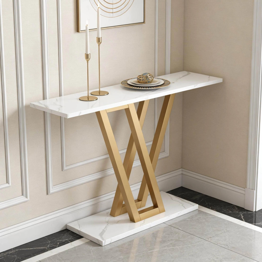 Consolle ingresso 110 x 30 x 80 cm in MDF bianco e metallo dorato