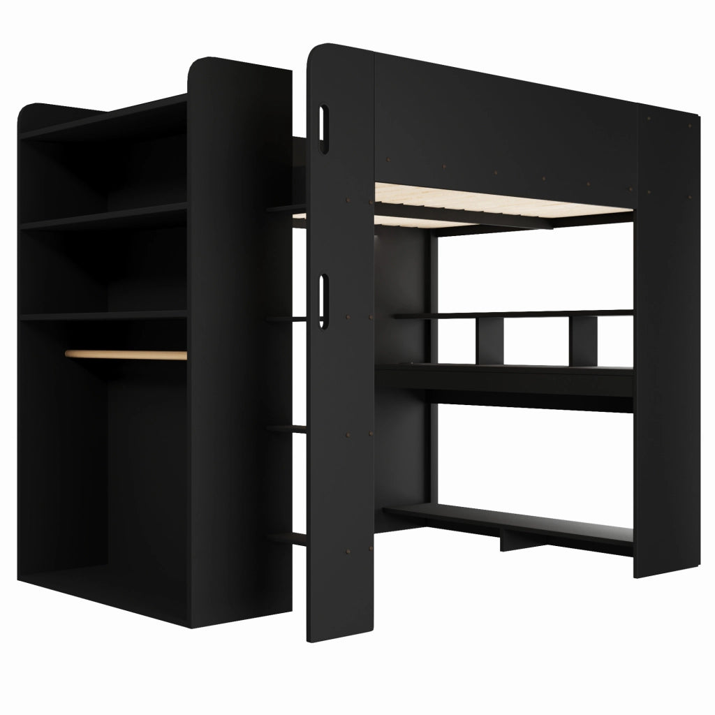 Letto a soppalco gaming 140x200 cm con scrivania, armadio e LED, nero