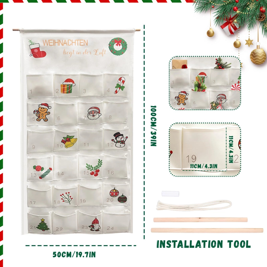 Calendario dell'Avvento in tessuto, con 24 scomparti, dimensioni 100x50 cm, colore bianco