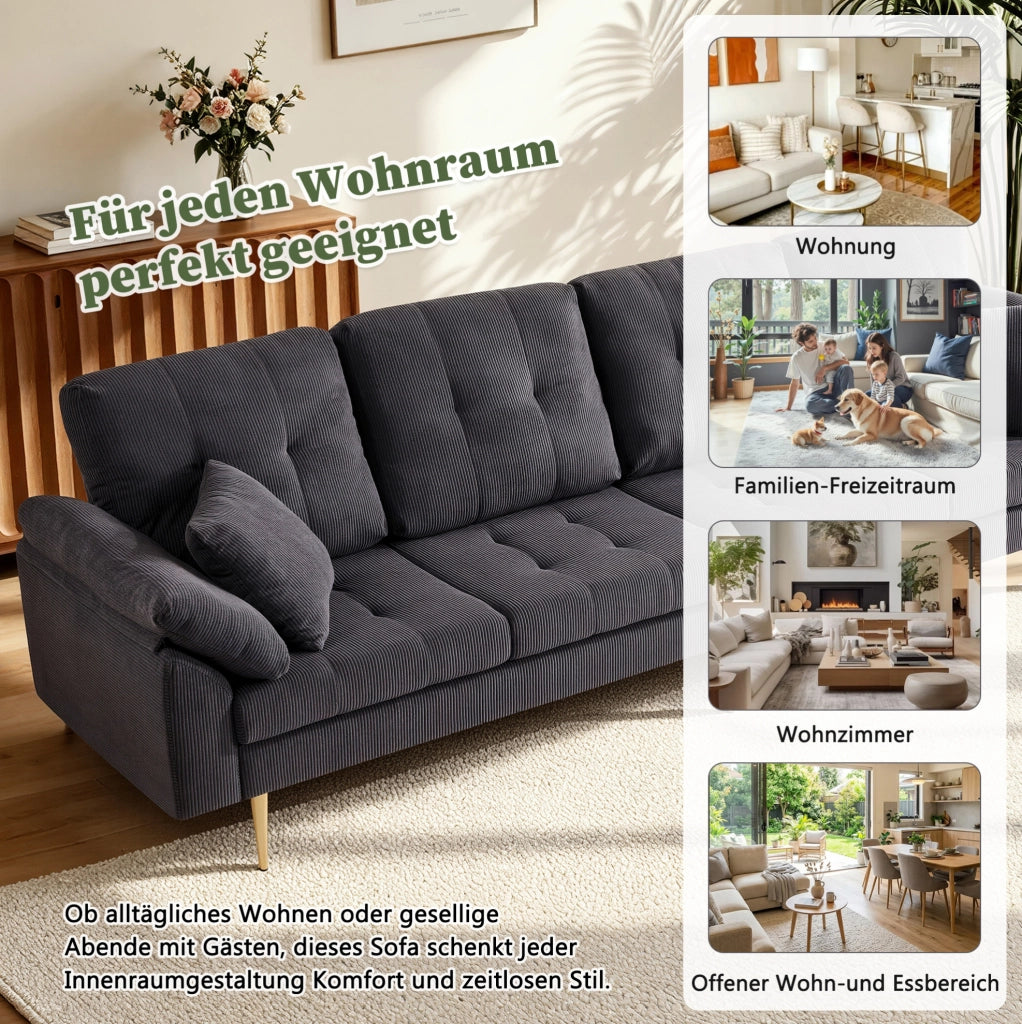 Divano 4 posti in velluto a coste grigio scuro con pouf, 250 cm