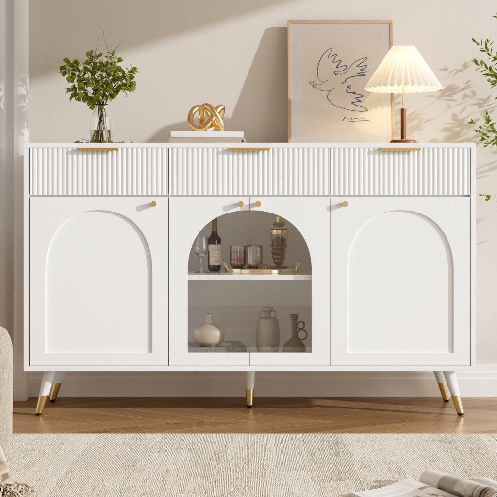 Credenza bianca 140 cm con 4 ante acriliche e 3 cassetti