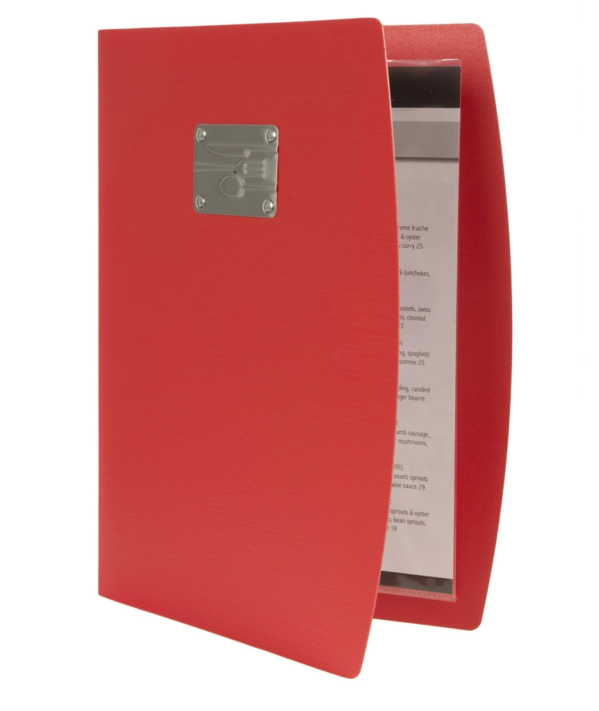Porta menu A4, rosso, con vano anteriore per posate e doppio vano interno