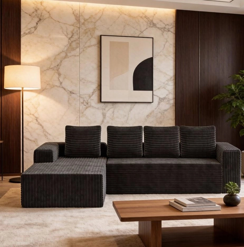 Divano modulare a L con chaise longue in velluto a coste grigio