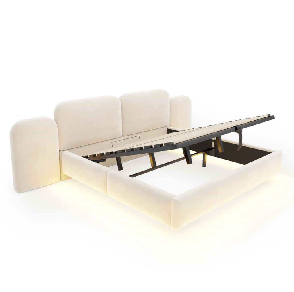 Letto contenitore imbottito 180 x 200 cm beige con LED e prese USB