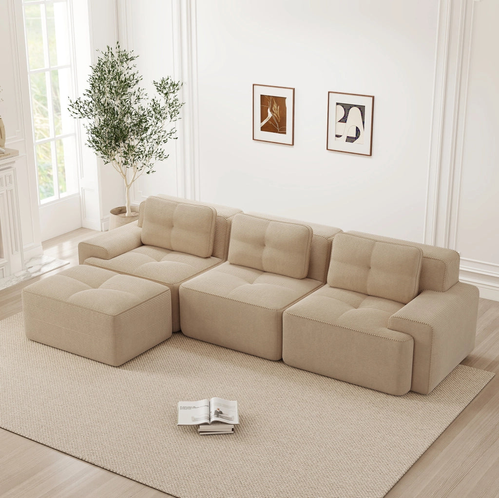 Divano modulare beige in velluto a coste con seduta profonda