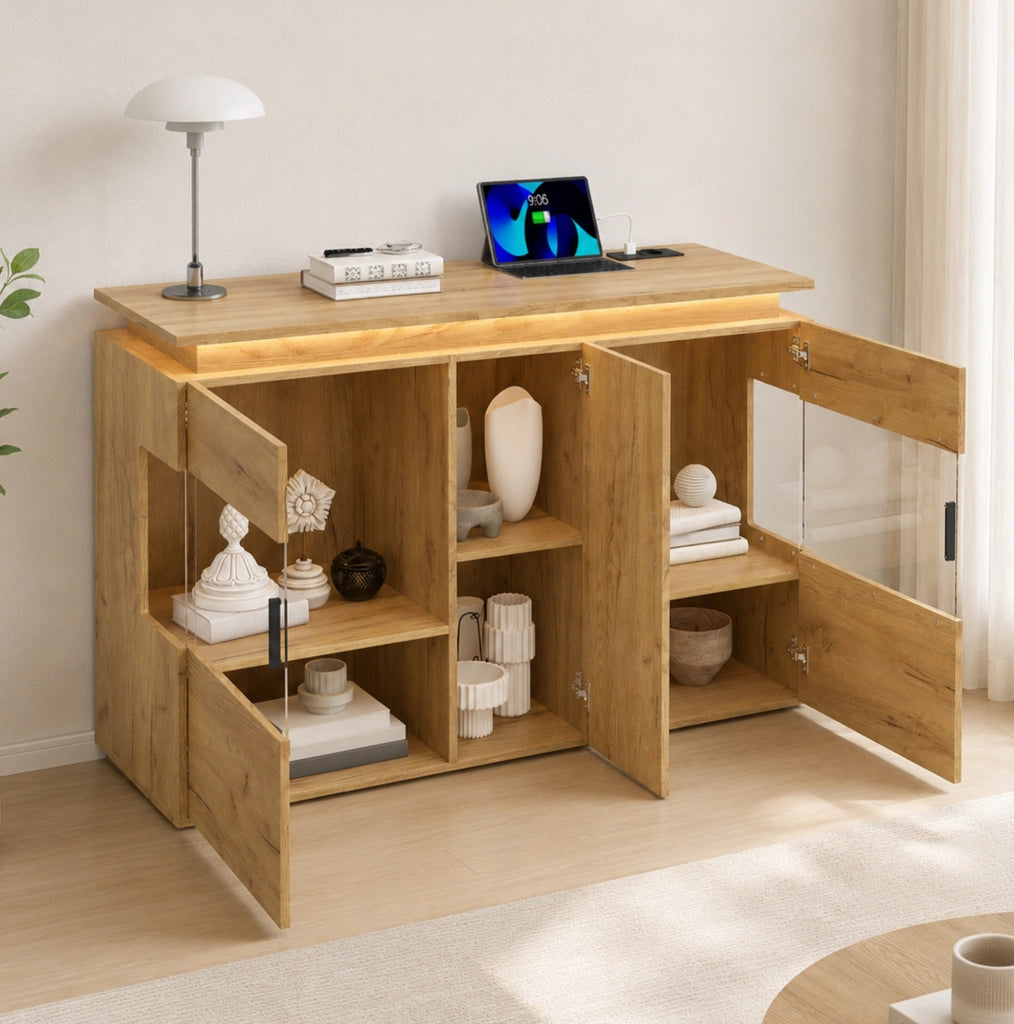 Credenza rovere chiaro con luci a 16 colori e prese di ricarica