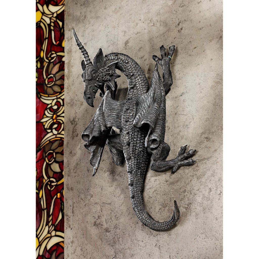 Scultura da parete a forma di drago, 33 cm, in resina, colore grigio