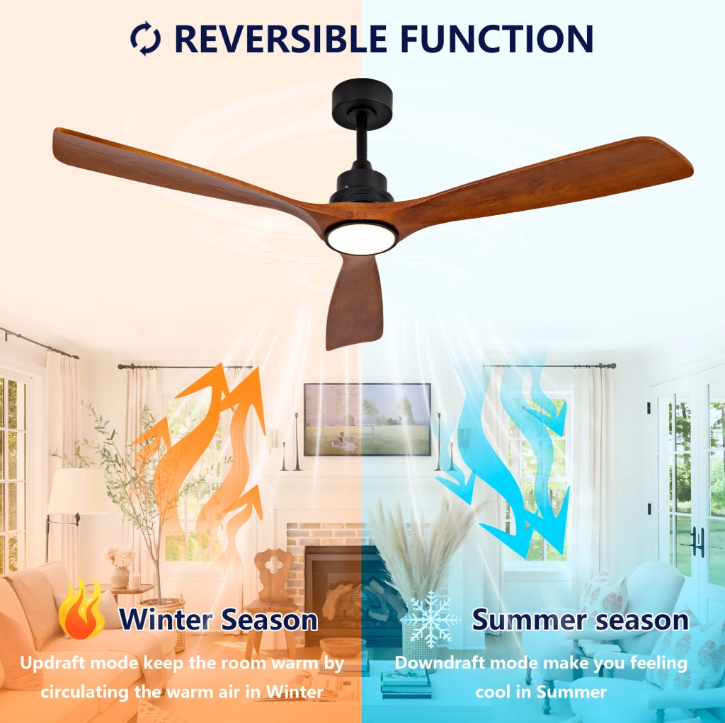 Ventilatore da soffitto da 60 pollici con luce regolabile e telecomando, noce e nero
