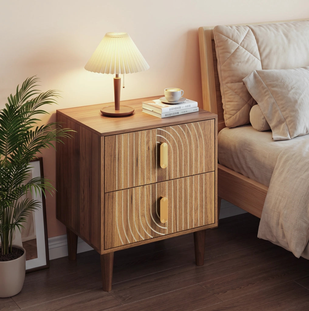Comodino effetto noce con 2 cassetti e gambe in legno