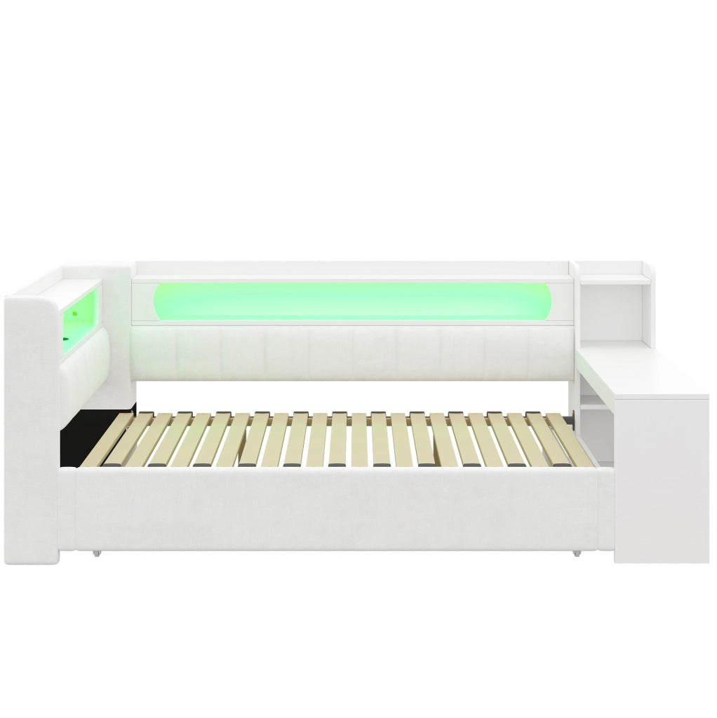 Letto imbottito estraibile bianco con scrivania, luci LED e porte USB