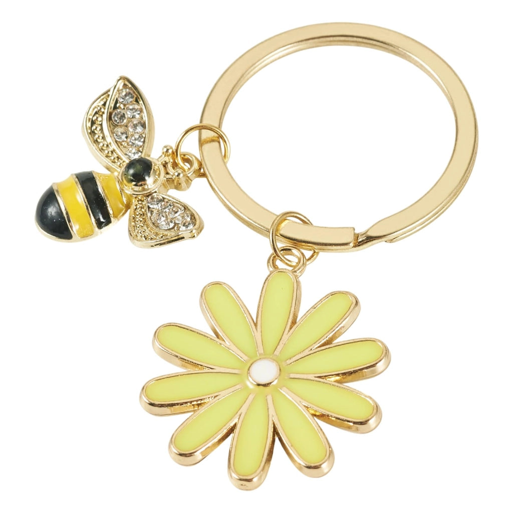 Portachiavi a forma di api e fiori, smaltato, dorato, verde, set da 1 pezzo