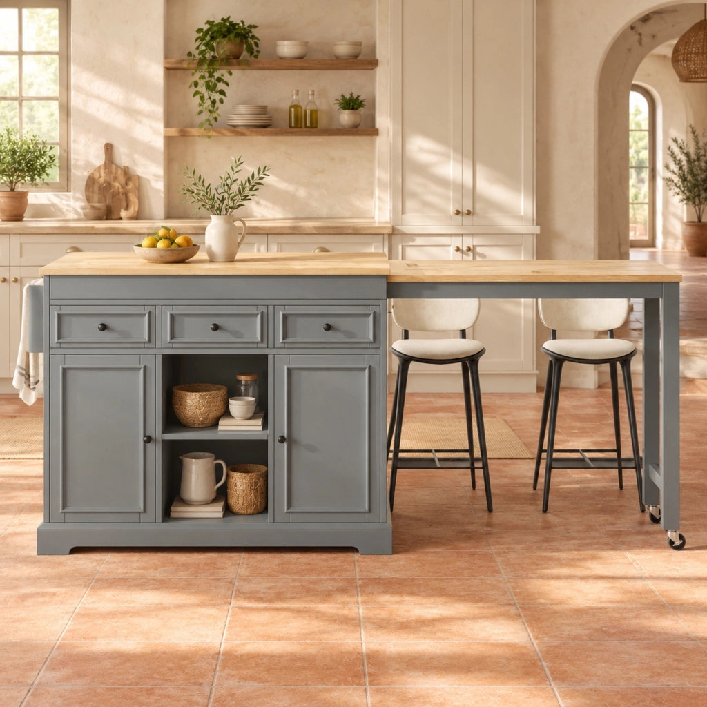 Isola cucina mobile grigia con piano estraibile, cassetti e portaspezie
