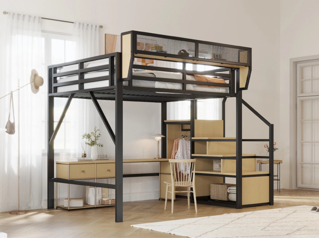 Letto a soppalco 140x200 in metallo con scala di sicurezza e piano flessibile, nero