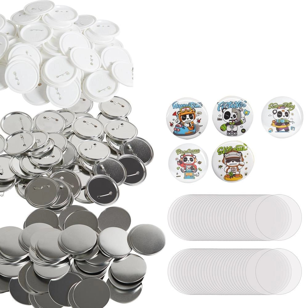 Kit 200 Pezzi Accessori per Badge e Spille Diametro 75 mm Metallo e Plastica per Fai da Te D75-100S+100J