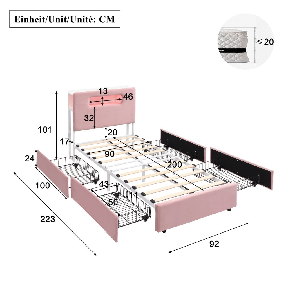 Letto imbottito per bambini 90x200 cm rosa con LED e cassetti
