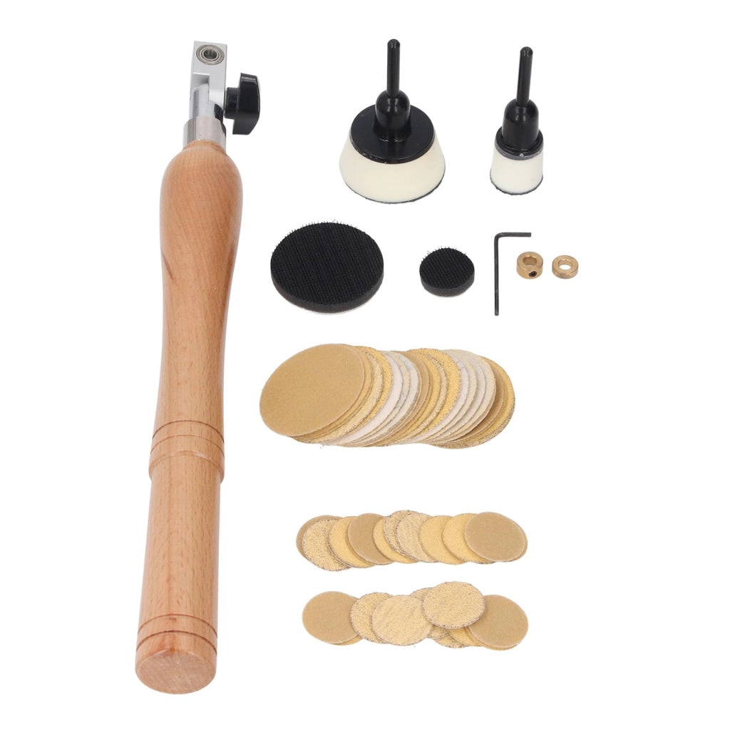 Set di levigatrice manuale per ciotole con manico in legno, 2 dischi autoadesivi, 2 tamponi per lucidatura, 50 carte abrasive (granulometria 60-320), chiave inglese