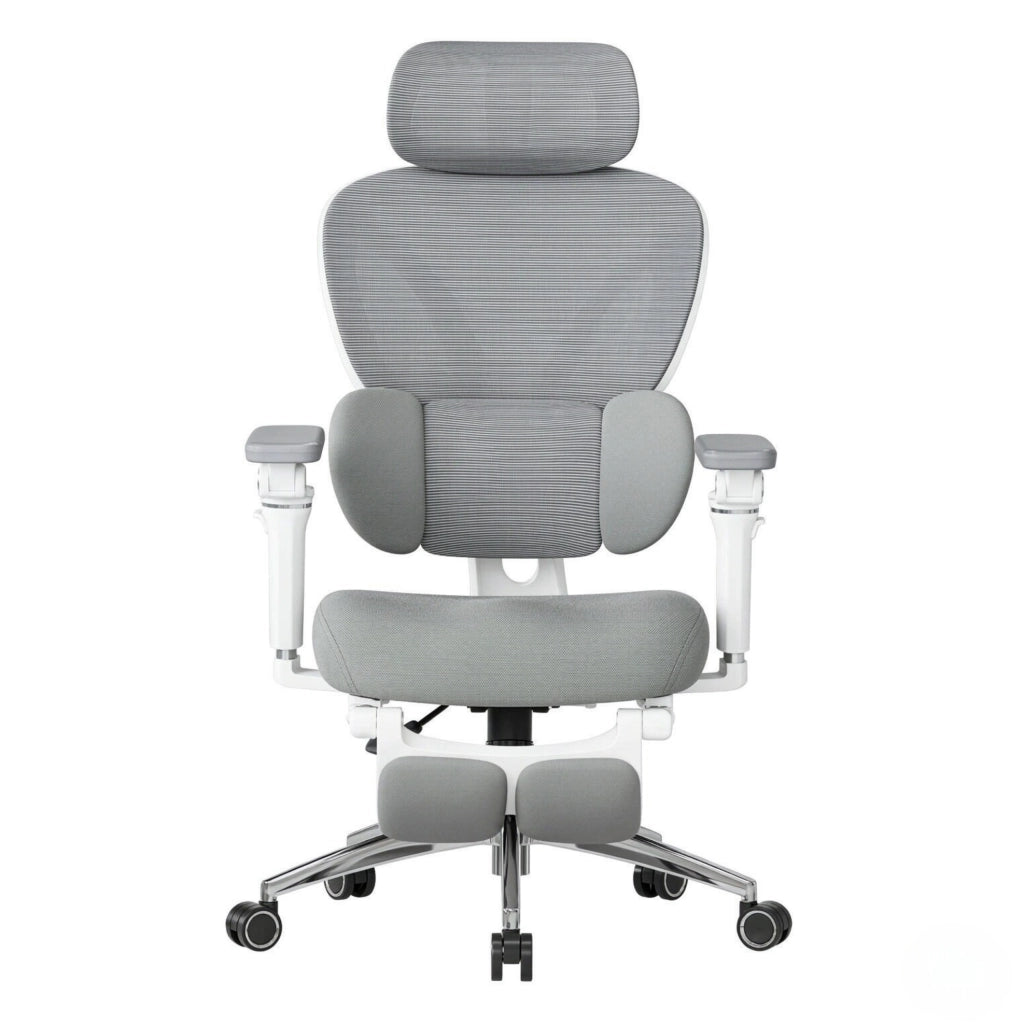 Sedia da ufficio ergonomica grigia con poggiapiedi estraibile