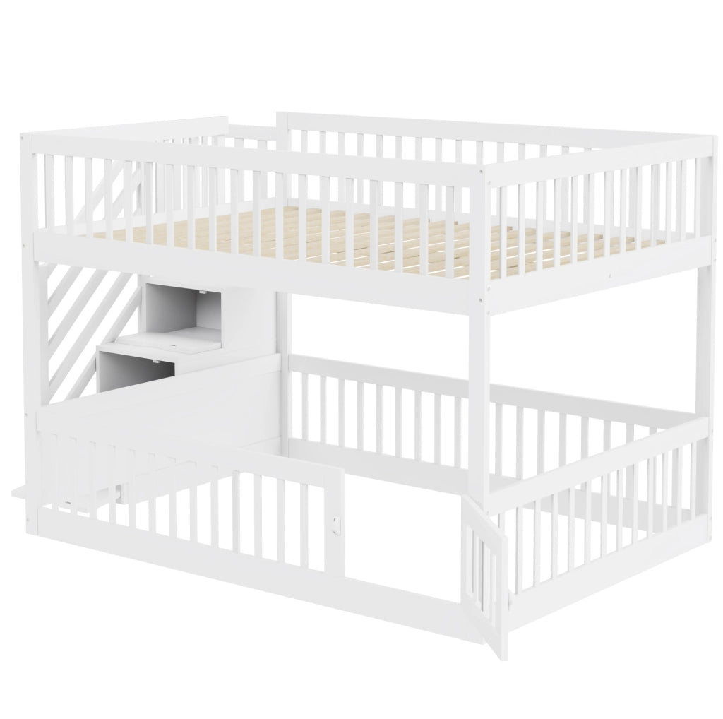 Letto a castello per bambini 140x200 cm con scala, cassetti e rete a doghe in legno bianco per cameretta, senza materasso