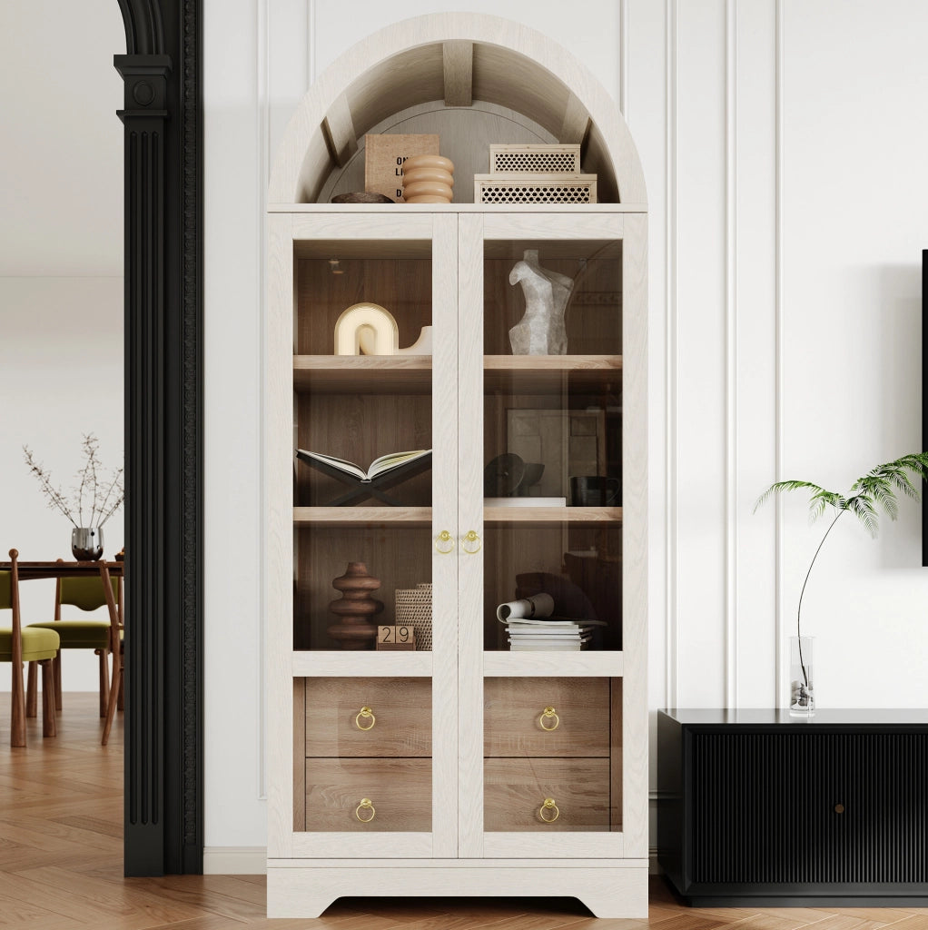 Credenza alta bianca con ante in vetro, ripiani regolabili e cassetti