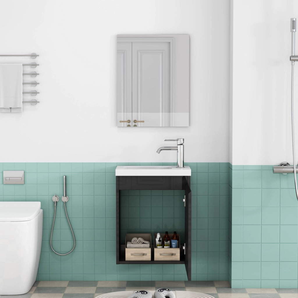 Mobile bagno sospeso da 40 cm nero lucido con lavabo e specchio