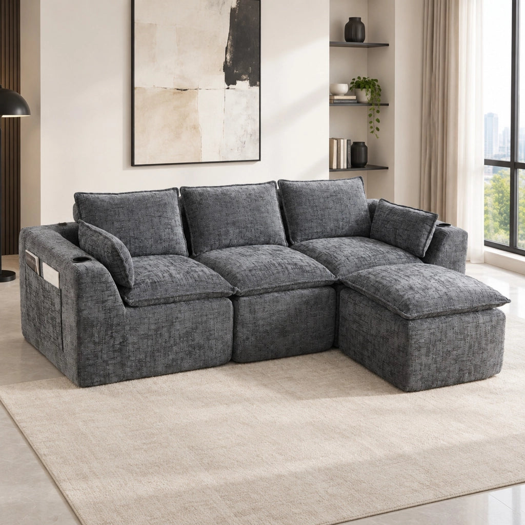 Divano modulare 3 posti in ciniglia grigio scuro con pouf e cuscini