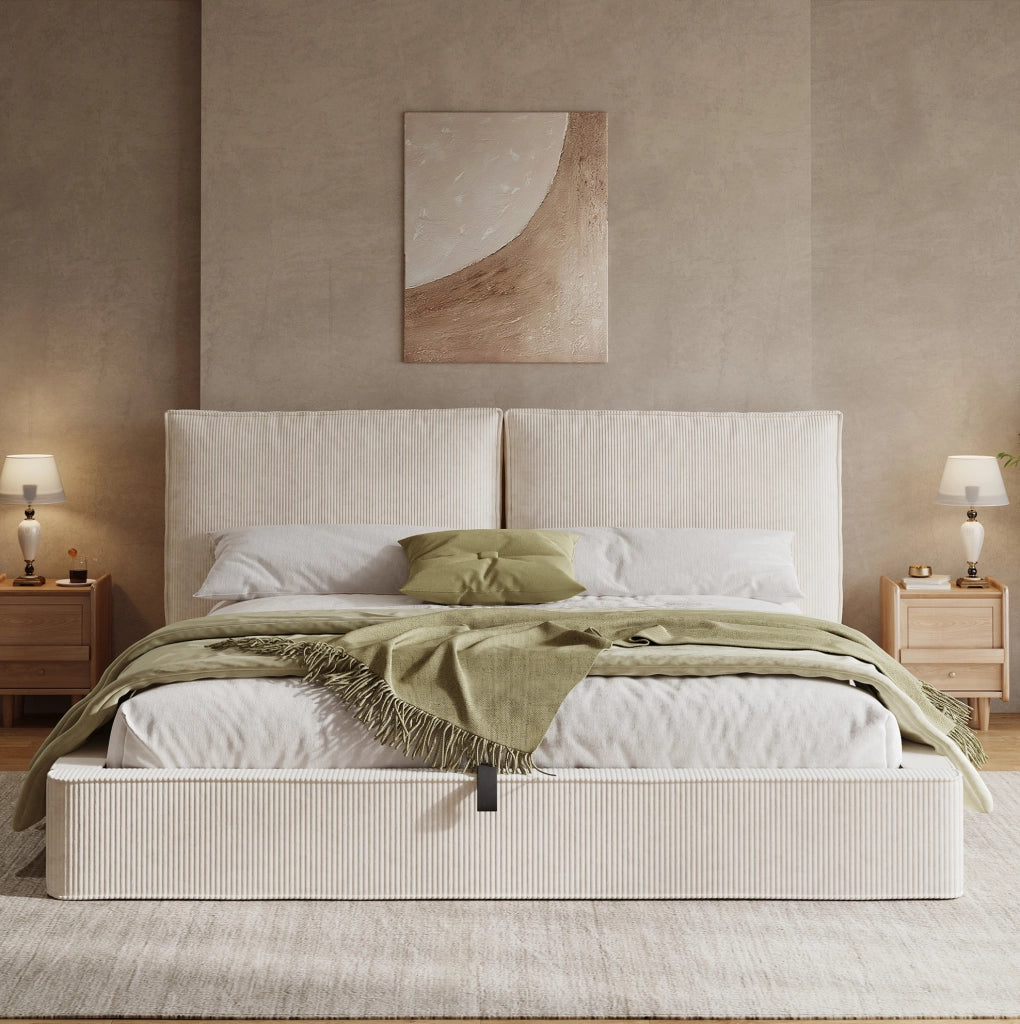 Letto matrimoniale 180x200 cm con contenitore e rete; velluto a coste beige
