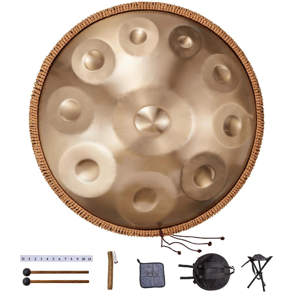 Tamburo Handpan a Mano 550 mm 10 Note in Re Minore 432 Hz Strumento a Percussione Dorato con Supporto Borsa e Mazze per Meditazione e Musica