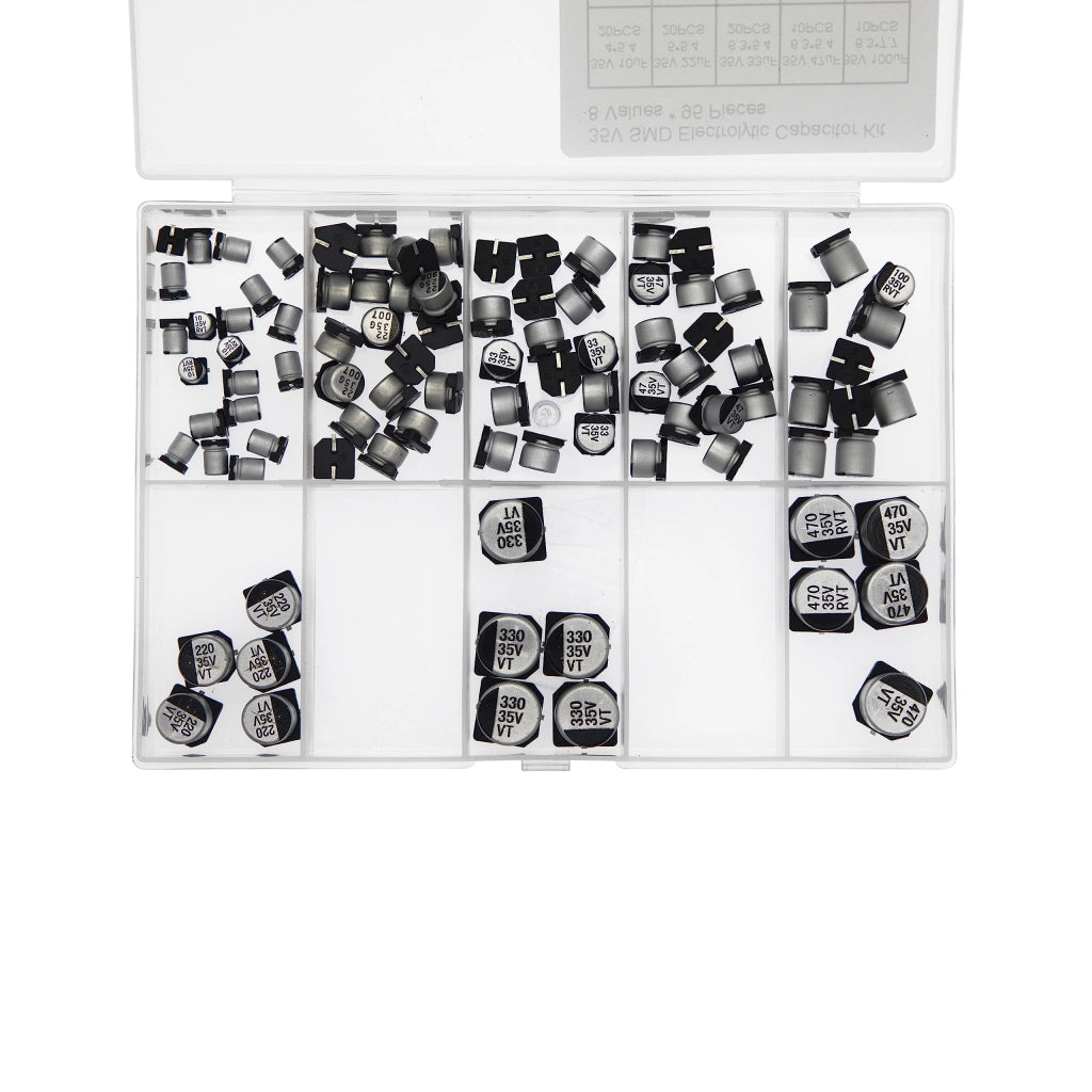 Kit di condensatori SMD, 8 valori, 95 pezzi, capacità da 10 a 470 µF, tensione 35 V