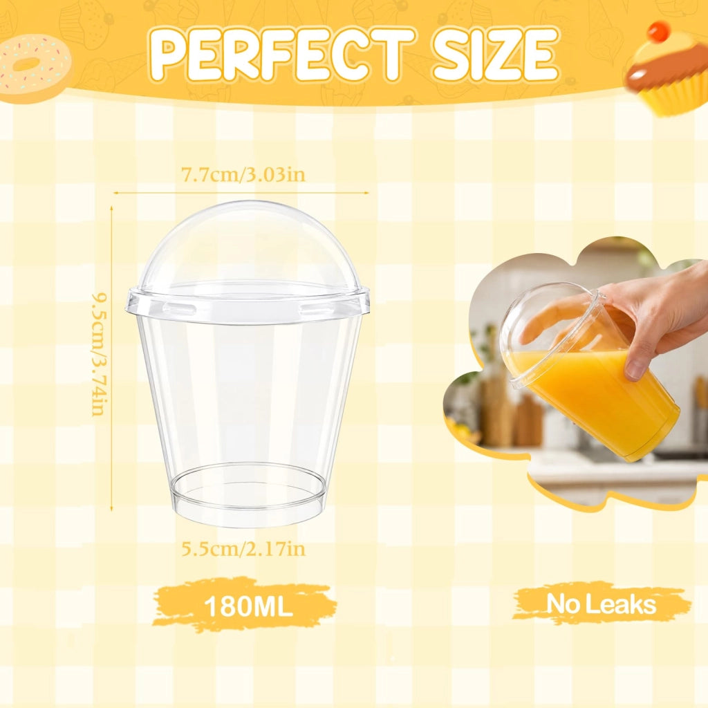 Bicchieri per dessert in plastica, capacità 180 ml, con coperchio e cucchiaino, confezione da 100 pezzi, forma rotonda