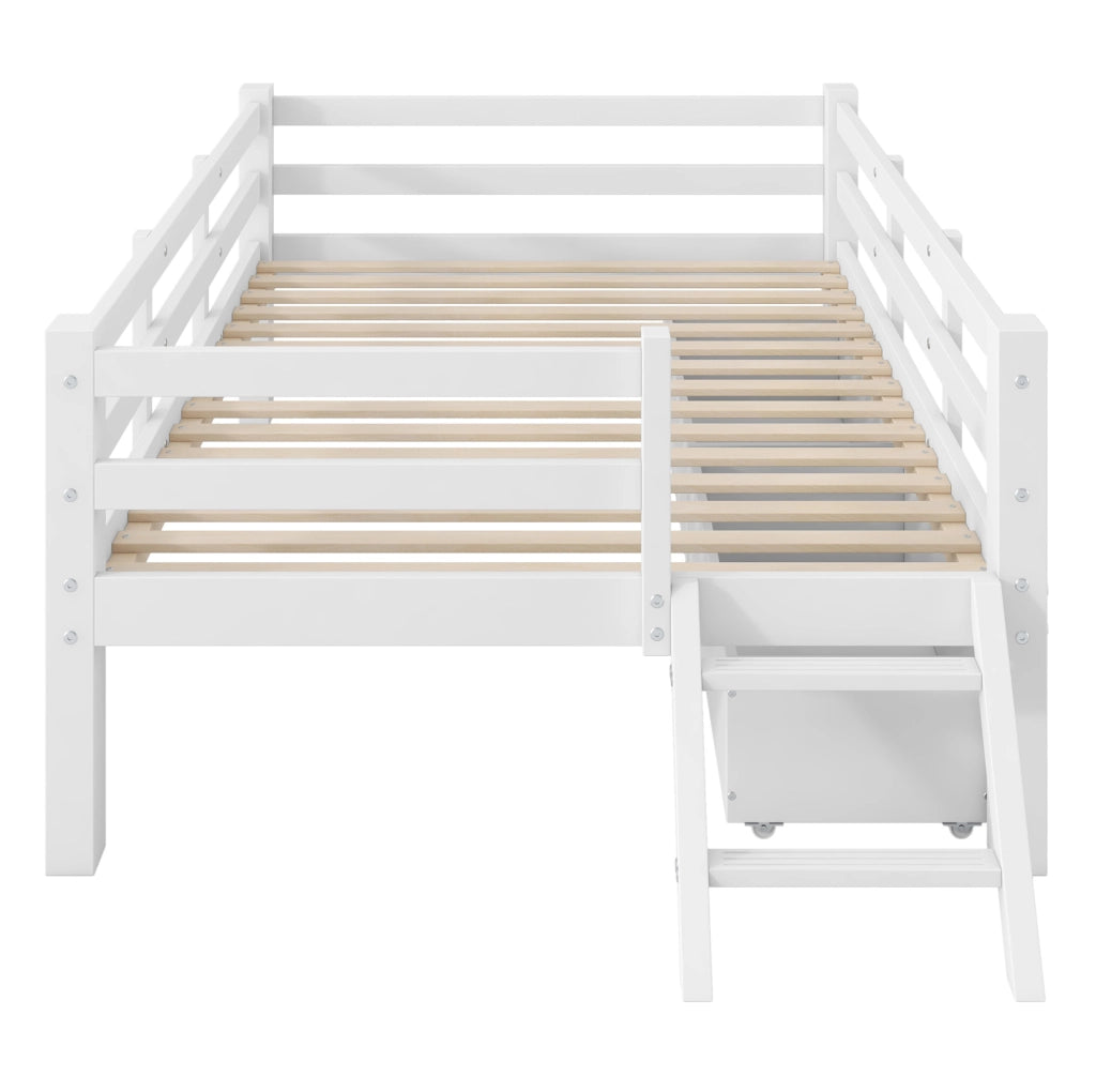 Letto singolo per bambini 90x200 cm con sponde e 2 cassetti in MDF e compensato bianco