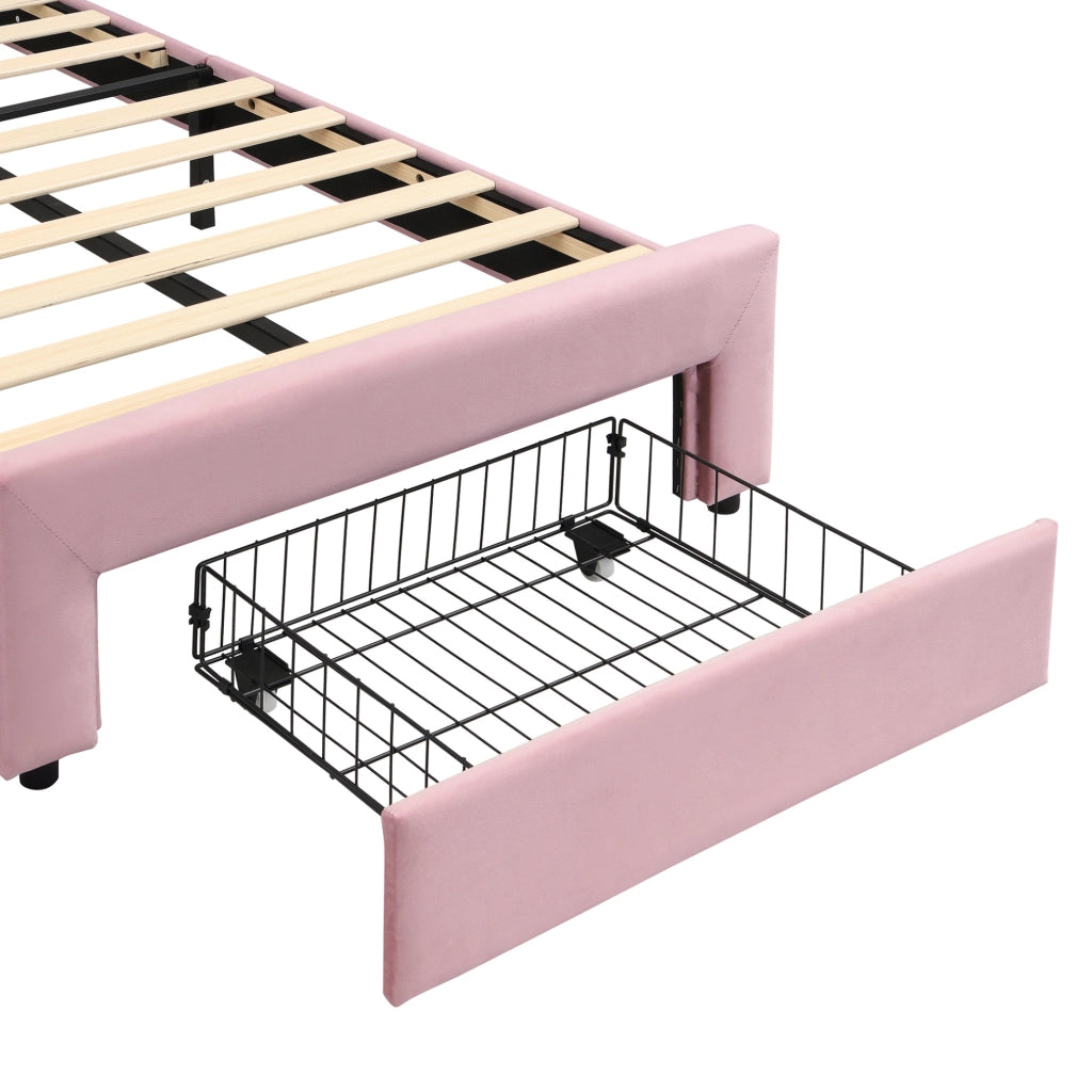 Letto singolo imbottito rosa 90 x 200 cm con cassetto e LED