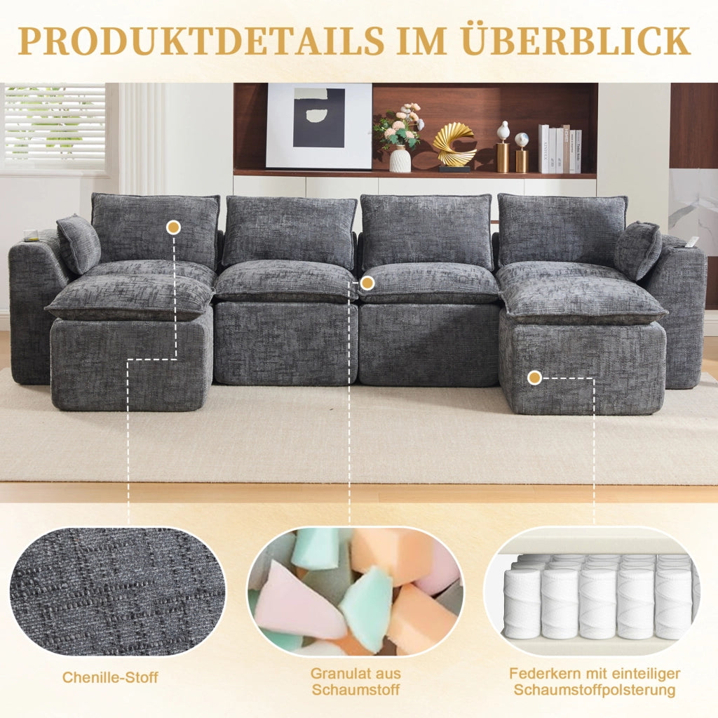 Divano modulare in ciniglia grigio scuro 322 × 161 × 75 cm
