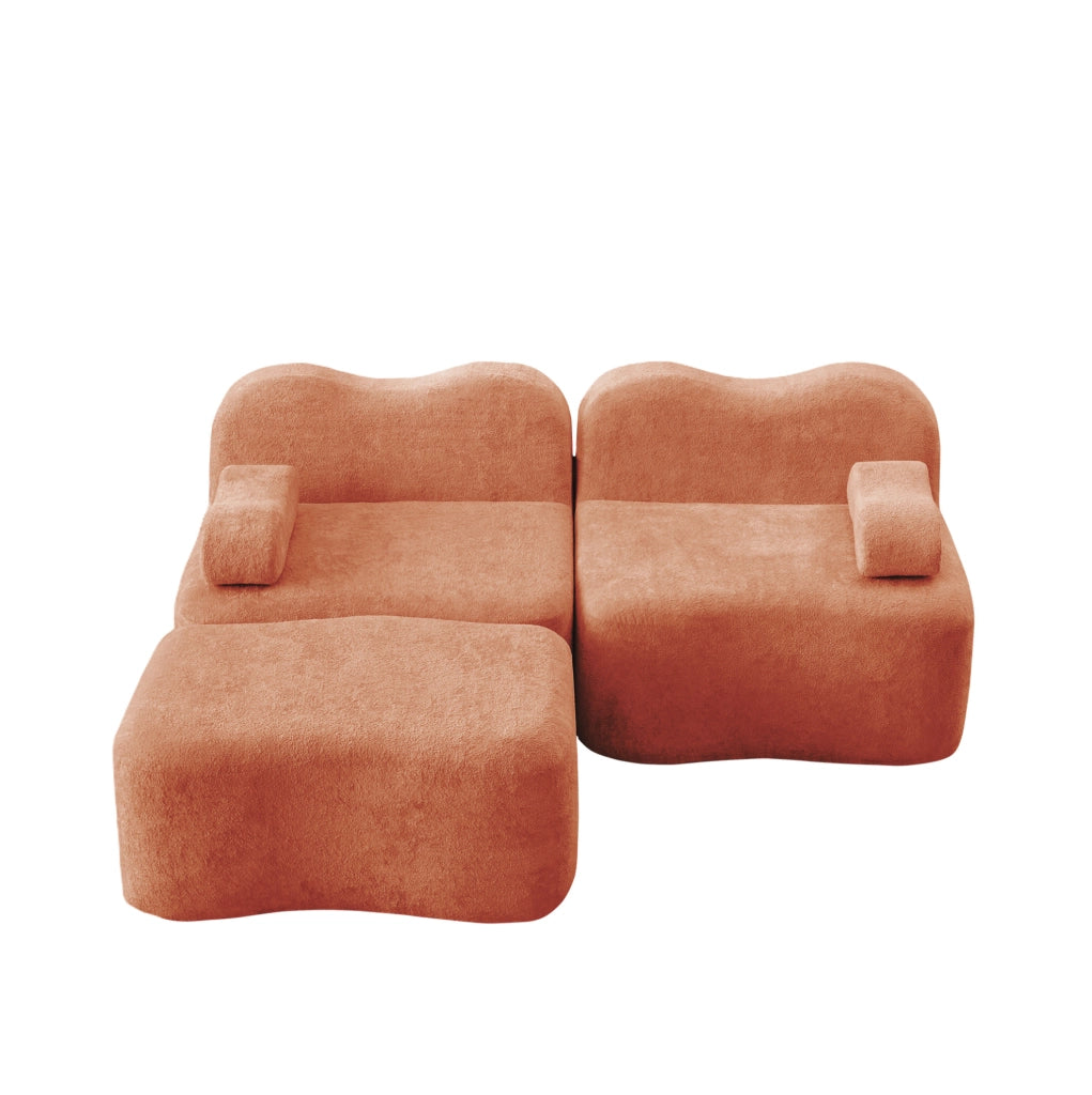 Divano angolare modulare arancione in velluto con pouf