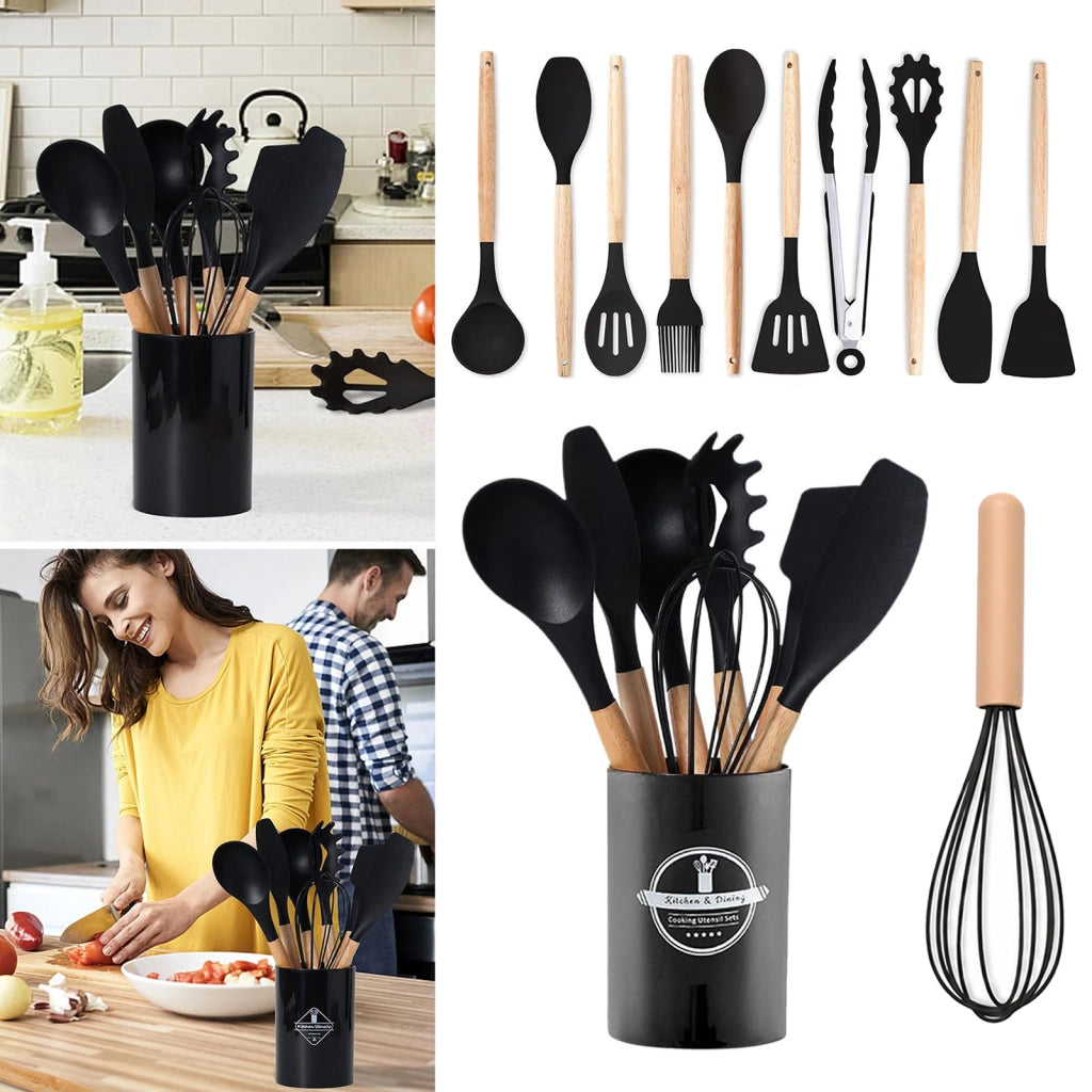 Set di 12 utensili da cucina in silicone nero con supporto