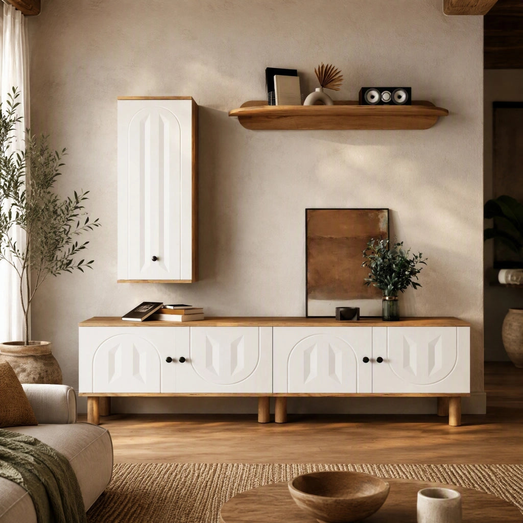 Mobile TV con contenitore 170 cm bianco e legno per soggiorno