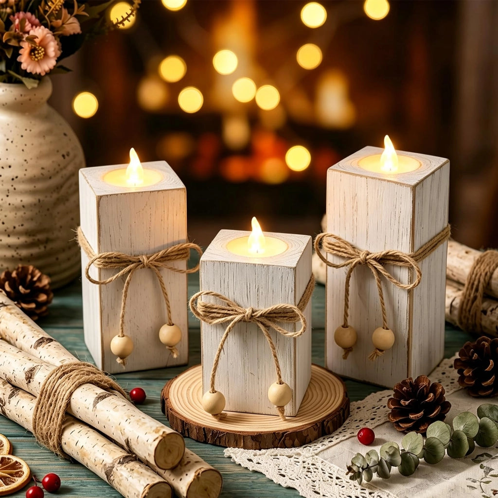 Candele portacandele in legno, set da 3, colore bianco, stile rustico