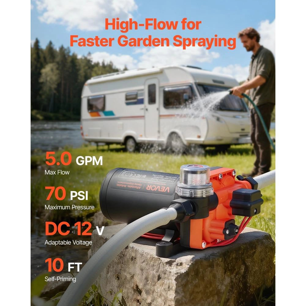 Pompa dell'Acqua a Membrana Autoadescante 12V CC 192W 18,9 L/min 70 PSI per Camper Roulotte e Barche LSDP1-050-070-42