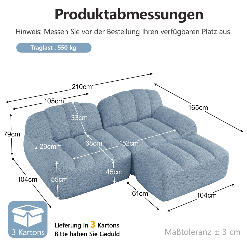 DIVANO angolare modulare 2 posti in pile granulato blu con pouf