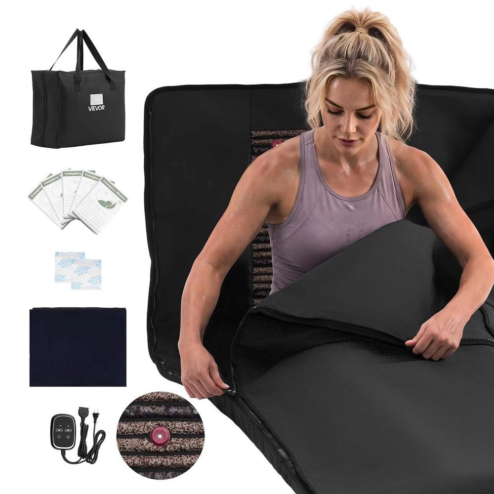 Coperta e Sacco Sauna a Infrarossi SF-2607 Pelle PU Nera 185x90cm, Portatile con Pietre Minerali e Borsa, Temperatura e Timer Regolabili, 650 W 220 V