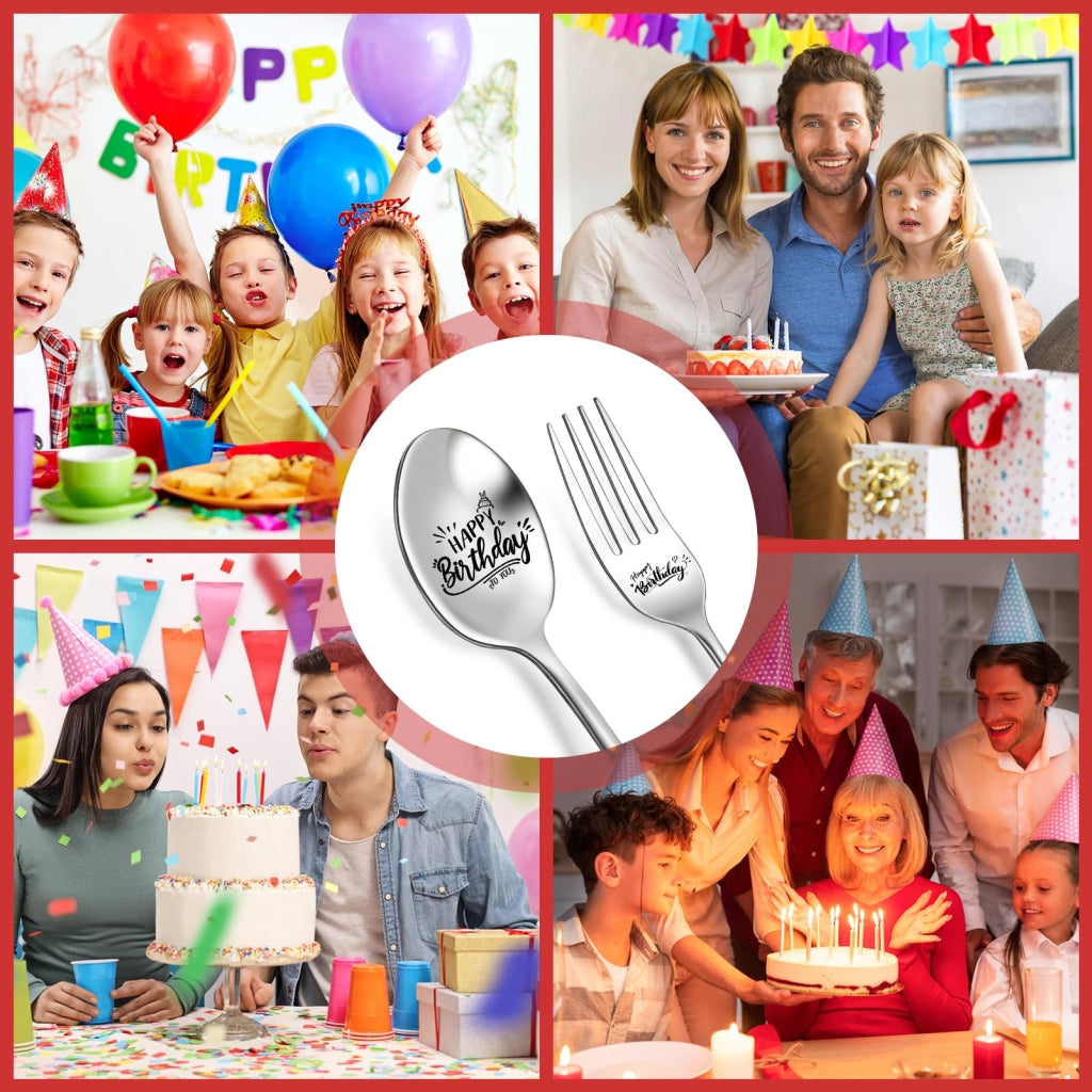 Set di forchetta e cucchiaio per compleanno, con incisione, 2 pezzi, acciaio inossidabile