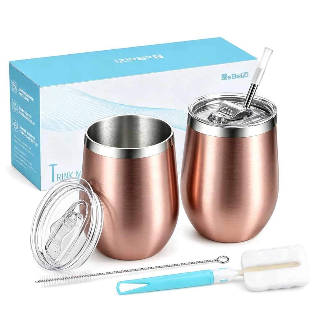 Set da 2 bicchieri in acciaio inossidabile per vino, da 350 ml, con isolamento sottovuoto, coperchio e cannucce