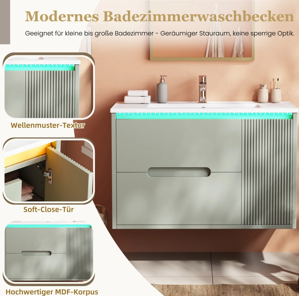 Mobile bagno sospeso 81 cm verde con lavabo in ceramica e illuminazione LED