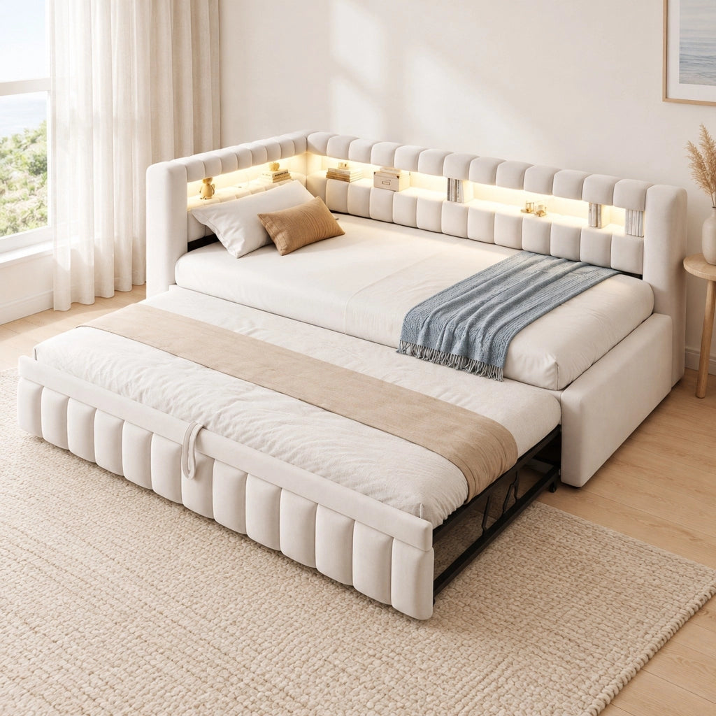 Divano letto estraibile 90x200 cm beige con LED, USB-C e 2 materassi