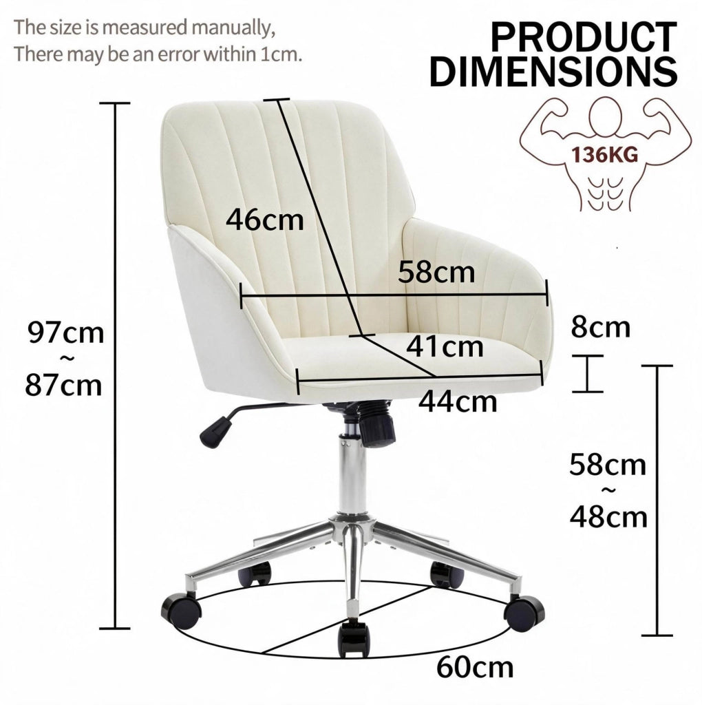 Sedia da ufficio ergonomica 62x60x97 cm in velluto bianco regolabile con ruote