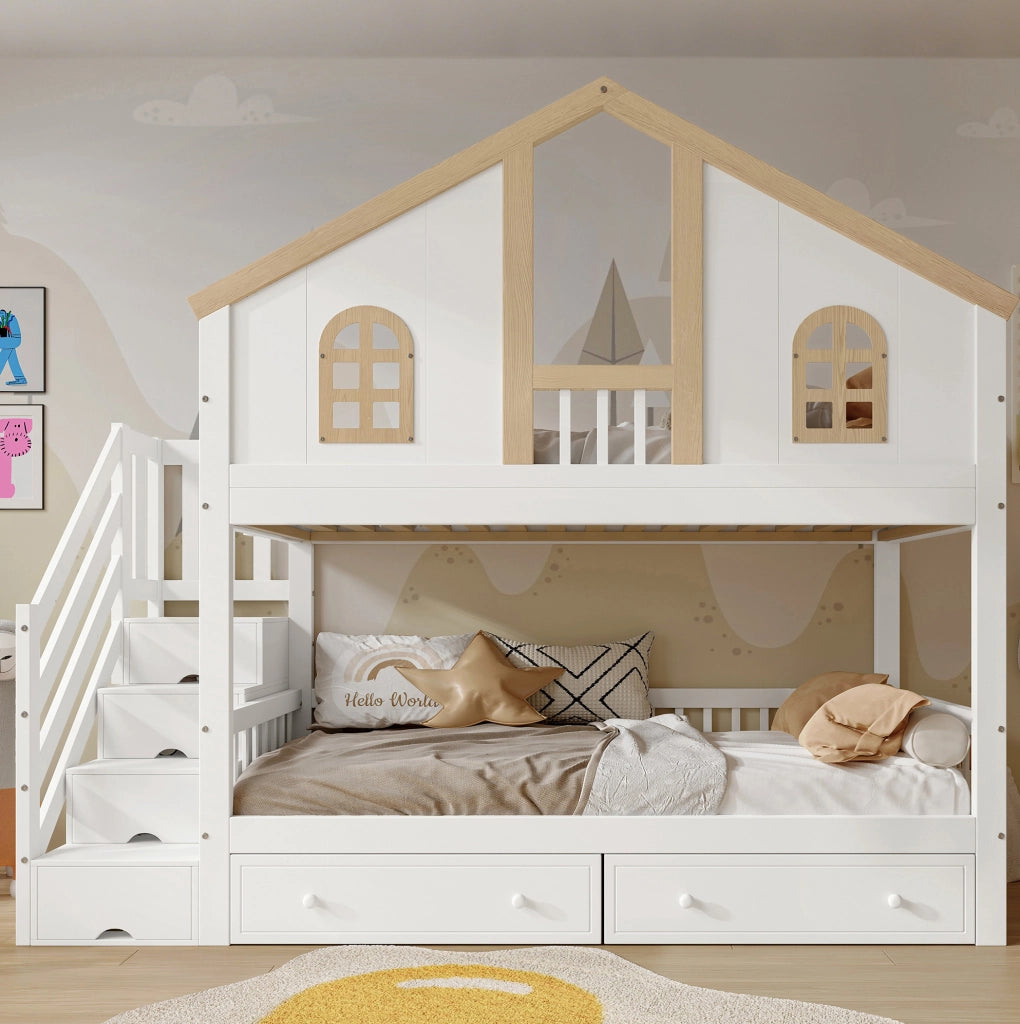 Letto a castello bambini 90x200 cm con scala contenitore