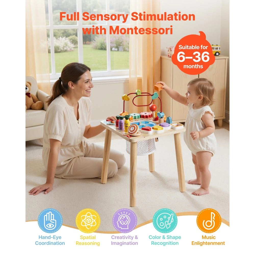 AC8354 Tavolino Multiattività per Bambini in Legno Centro Attività Didattico 6-36 Mesi 320 x 320 x 465 mm